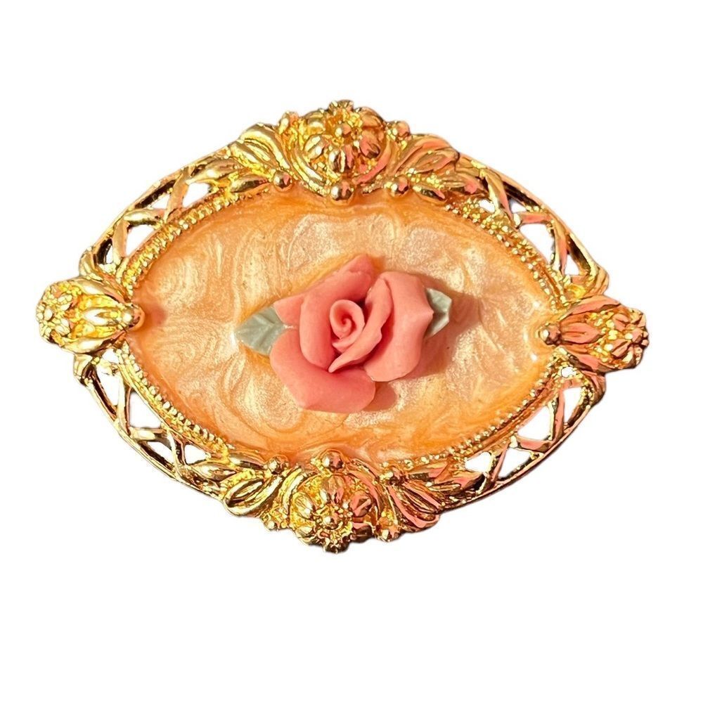Beautiful Gold Tone Pink Rose Peach Enamel Brooch